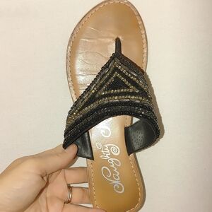 Naughty Monkey Bejeweled Sandal Flip Flop‎ Leather Black 37 Beaded Gem Jeweled